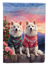 Load image into Gallery viewer, American Eskimo Two Hearts Garden Flag –  Romantic Dog Pair with Sunset &amp; Mountain Background