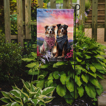 Load image into Gallery viewer, Australian Shepherd Two Hearts Garden Flag –  Romantic Dog Pair with Sunset &amp; Mountain Background