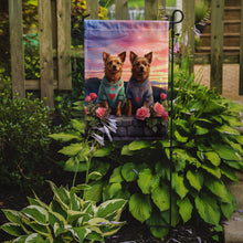 Load image into Gallery viewer, Australian Terrier Two Hearts Garden Flag –  Romantic Dog Pair with Sunset &amp; Mountain Background