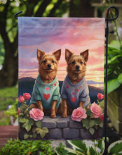 Load image into Gallery viewer, Australian Terrier Two Hearts Garden Flag –  Romantic Dog Pair with Sunset &amp; Mountain Background
