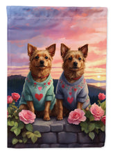 Load image into Gallery viewer, Australian Terrier Two Hearts Garden Flag –  Romantic Dog Pair with Sunset &amp; Mountain Background