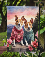 Load image into Gallery viewer, Basenji Two Hearts Garden Flag –  Romantic Dog Pair with Sunset &amp; Mountain Background