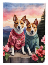 Load image into Gallery viewer, Basenji Two Hearts Garden Flag –  Romantic Dog Pair with Sunset &amp; Mountain Background