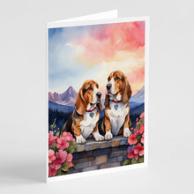 Load image into Gallery viewer, Basset Hound Two Hearts Greeting Cards - Blank Note Cards – 8-Pack of Artist-Designed Cards with Envelopes