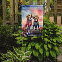 Load image into Gallery viewer, Beagle Two Hearts Garden Flag –  Romantic Dog Pair with Sunset &amp; Mountain Background