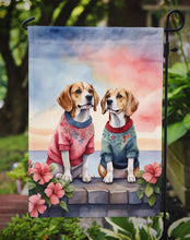 Load image into Gallery viewer, Beagle Two Hearts Garden Flag –  Romantic Dog Pair with Sunset &amp; Mountain Background