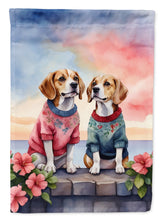 Load image into Gallery viewer, Beagle Two Hearts Garden Flag –  Romantic Dog Pair with Sunset &amp; Mountain Background