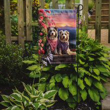 Load image into Gallery viewer, Bearded Collie Two Hearts Garden Flag –  Romantic Dog Pair with Sunset &amp; Mountain Background
