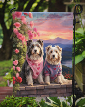 Load image into Gallery viewer, Bearded Collie Two Hearts Garden Flag –  Romantic Dog Pair with Sunset &amp; Mountain Background
