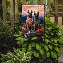 Load image into Gallery viewer, Belgian Malinois Two Hearts Garden Flag –  Romantic Dog Pair with Sunset &amp; Mountain Background