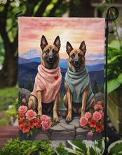 Load image into Gallery viewer, Belgian Malinois Two Hearts Garden Flag –  Romantic Dog Pair with Sunset &amp; Mountain Background