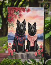 Load image into Gallery viewer, Belgian Sheepdog Two Hearts Garden Flag –  Romantic Dog Pair with Sunset &amp; Mountain Background