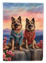 Load image into Gallery viewer, Belgian Tervuren Two Hearts Garden Flag –  Romantic Dog Pair with Sunset &amp; Mountain Background