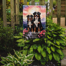 Load image into Gallery viewer, Bernese Mountain Dog Two Hearts Garden Flag –  Romantic Dog Pair with Sunset &amp; Mountain Background