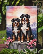 Load image into Gallery viewer, Bernese Mountain Dog Two Hearts Garden Flag –  Romantic Dog Pair with Sunset &amp; Mountain Background