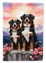 Load image into Gallery viewer, Bernese Mountain Dog Two Hearts Garden Flag –  Romantic Dog Pair with Sunset &amp; Mountain Background