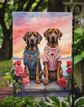 Load image into Gallery viewer, Bloodhound Two Hearts Garden Flag –  Romantic Dog Pair with Sunset &amp; Mountain Background