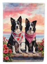 Load image into Gallery viewer, Border Collie Two Hearts Garden Flag –  Romantic Dog Pair with Sunset &amp; Mountain Background