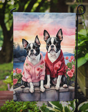 Load image into Gallery viewer, Boston Terrier Two Hearts Garden Flag –  Romantic Dog Pair with Sunset &amp; Mountain Background