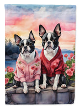 Load image into Gallery viewer, Boston Terrier Two Hearts Garden Flag –  Romantic Dog Pair with Sunset &amp; Mountain Background