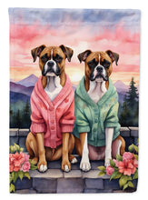 Load image into Gallery viewer, Boxer Two Hearts Garden Flag –  Romantic Dog Pair with Sunset &amp; Mountain Background
