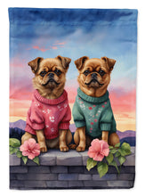 Load image into Gallery viewer, Brussels Griffon Two Hearts Garden Flag –  Romantic Dog Pair with Sunset &amp; Mountain Background