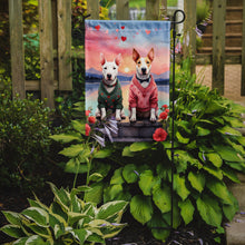 Load image into Gallery viewer, Bull Terrier Two Hearts Garden Flag –  Romantic Dog Pair with Sunset &amp; Mountain Background