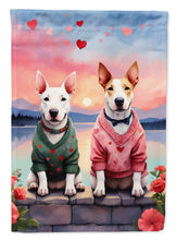Load image into Gallery viewer, Bull Terrier Two Hearts Garden Flag –  Romantic Dog Pair with Sunset &amp; Mountain Background