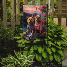 Load image into Gallery viewer, Cairn Terrier Two Hearts Garden Flag –  Romantic Dog Pair with Sunset &amp; Mountain Background