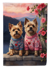 Load image into Gallery viewer, Cairn Terrier Two Hearts Garden Flag –  Romantic Dog Pair with Sunset &amp; Mountain Background