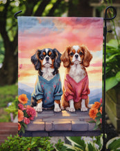 Load image into Gallery viewer, Cavalier Spaniel Two Hearts Garden Flag –  Romantic Dog Pair with Sunset &amp; Mountain Background