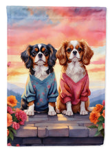 Load image into Gallery viewer, Cavalier Spaniel Two Hearts Garden Flag –  Romantic Dog Pair with Sunset &amp; Mountain Background