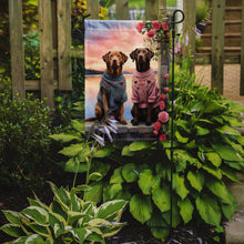 Load image into Gallery viewer, Chesapeake Bay Retriever Two Hearts Garden Flag –  Romantic Dog Pair with Sunset &amp; Mountain Background