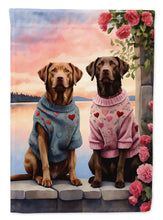 Load image into Gallery viewer, Chesapeake Bay Retriever Two Hearts Garden Flag –  Romantic Dog Pair with Sunset &amp; Mountain Background