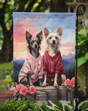 Load image into Gallery viewer, Chinese Crested Two Hearts Garden Flag –  Romantic Dog Pair with Sunset &amp; Mountain Background