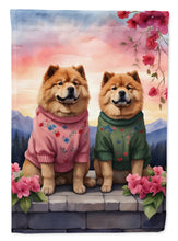 Load image into Gallery viewer, Chow Chow Two Hearts Garden Flag –  Romantic Dog Pair with Sunset &amp; Mountain Background