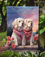 Load image into Gallery viewer, Clumber Spaniel Two Hearts Garden Flag –  Romantic Dog Pair with Sunset &amp; Mountain Background