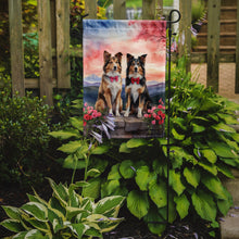 Load image into Gallery viewer, Collie Two Hearts Garden Flag –  Romantic Dog Pair with Sunset &amp; Mountain Background