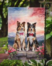 Load image into Gallery viewer, Collie Two Hearts Garden Flag –  Romantic Dog Pair with Sunset &amp; Mountain Background