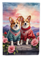 Load image into Gallery viewer, Corgi Two Hearts Garden Flag –  Romantic Dog Pair with Sunset &amp; Mountain Background
