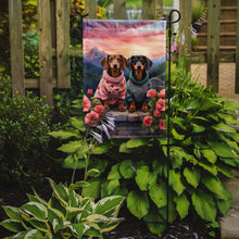 Load image into Gallery viewer, Dachshund Two Hearts Garden Flag –  Romantic Dog Pair with Sunset &amp; Mountain Background