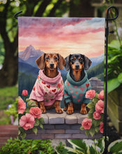 Load image into Gallery viewer, Dachshund Two Hearts Garden Flag –  Romantic Dog Pair with Sunset &amp; Mountain Background