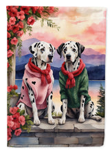 Load image into Gallery viewer, Dalmatian Two Hearts Garden Flag –  Romantic Dog Pair with Sunset &amp; Mountain Background