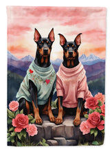 Load image into Gallery viewer, Doberman Pinscher Two Hearts Garden Flag –  Romantic Dog Pair with Sunset &amp; Mountain Background