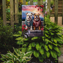 Load image into Gallery viewer, English Bulldog Two Hearts Garden Flag –  Romantic Dog Pair with Sunset &amp; Mountain Background
