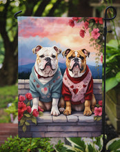 Load image into Gallery viewer, English Bulldog Two Hearts Garden Flag –  Romantic Dog Pair with Sunset &amp; Mountain Background