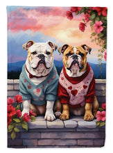 Load image into Gallery viewer, English Bulldog Two Hearts Garden Flag –  Romantic Dog Pair with Sunset &amp; Mountain Background