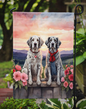 Load image into Gallery viewer, English Setter Two Hearts Garden Flag –  Romantic Dog Pair with Sunset &amp; Mountain Background