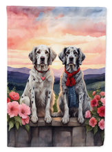 Load image into Gallery viewer, English Setter Two Hearts Garden Flag –  Romantic Dog Pair with Sunset &amp; Mountain Background