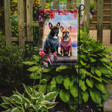Load image into Gallery viewer, French Bulldog Two Hearts Garden Flag –  Romantic Dog Pair with Sunset &amp; Mountain Background